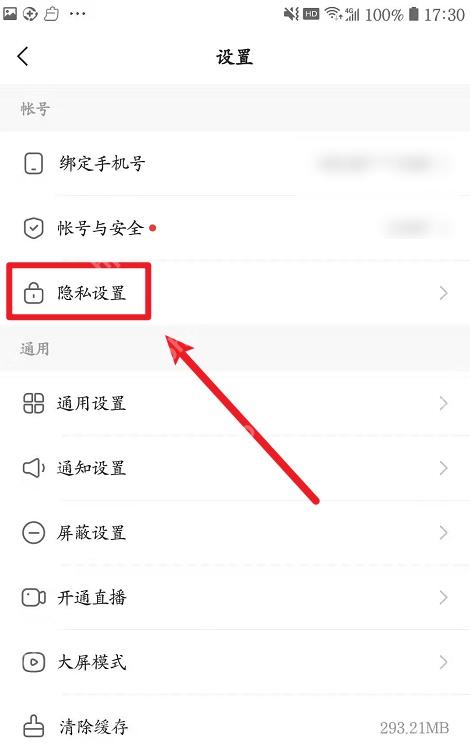 快手设置页隐私设置入口被红框和箭头标出
