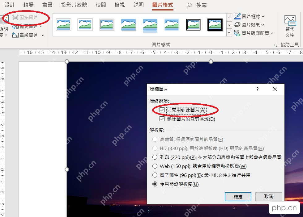PowerPoint图片格式选项卡中的压缩图片窗口和高保真HD列印等分辨率选项