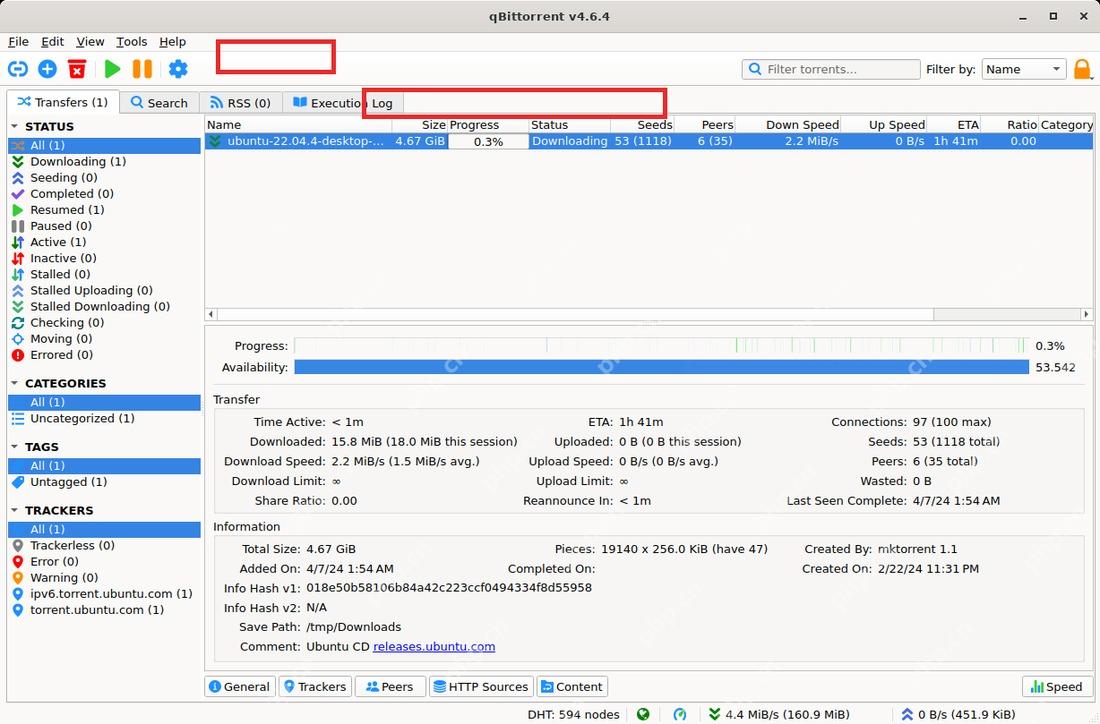 qBittorrent 主窗口工具栏暂停按钮和任务列表选中行,用于暂停选中下载任务