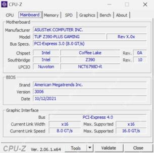 CPU-Z Mainboard 标签页显示主板厂商型号 BIOS 和图形接口信息