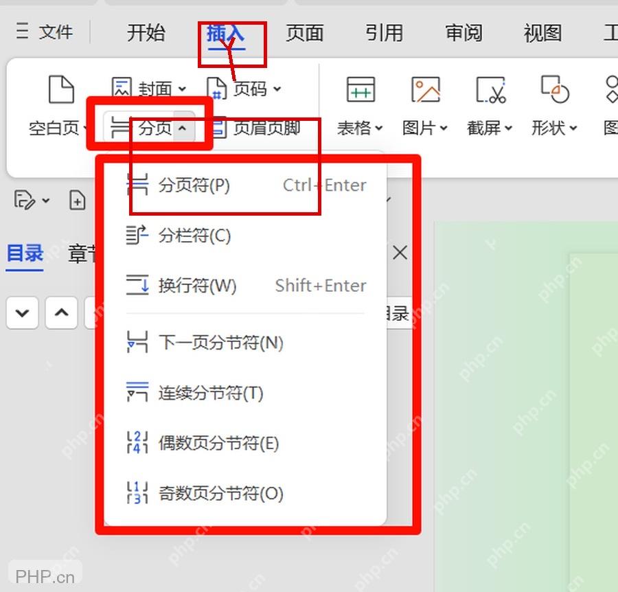 WPS 文字插入选项卡中分页按钮的位置