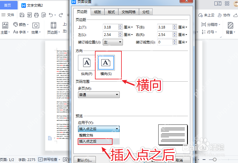 WPS文字页面设置窗口中选择纸张方向和应用范围
