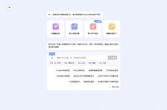 AiPPT 页面显示 AI 智能生成、导入本地大纲、导入 PPT 生成和链接生成 PPT 入口