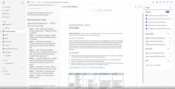 Microsoft 365 Copilot Cowork 任务完成后显示 Word Excel PPT 输出文件和 100% 进度