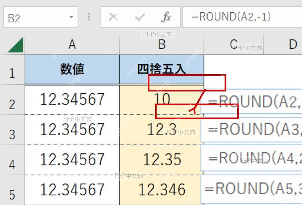 Excel 公式栏中输入 ROUND 函数,结果列显示四舍五入后的数值
