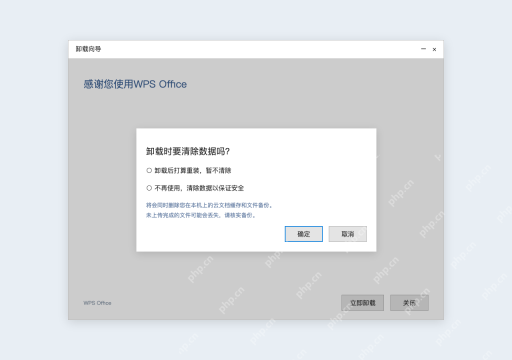 模拟 WPS Office完整窗口：核对清除数据范围，再完成卸载