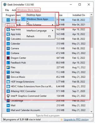 Geek Uninstaller Windows Store Apps 视图中的 Microsoft Store 应用列表