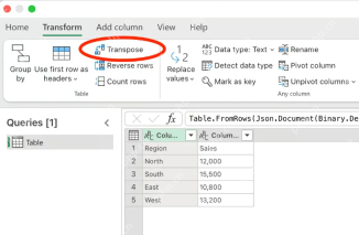 Excel Power Query转换选项卡中使用转置功能