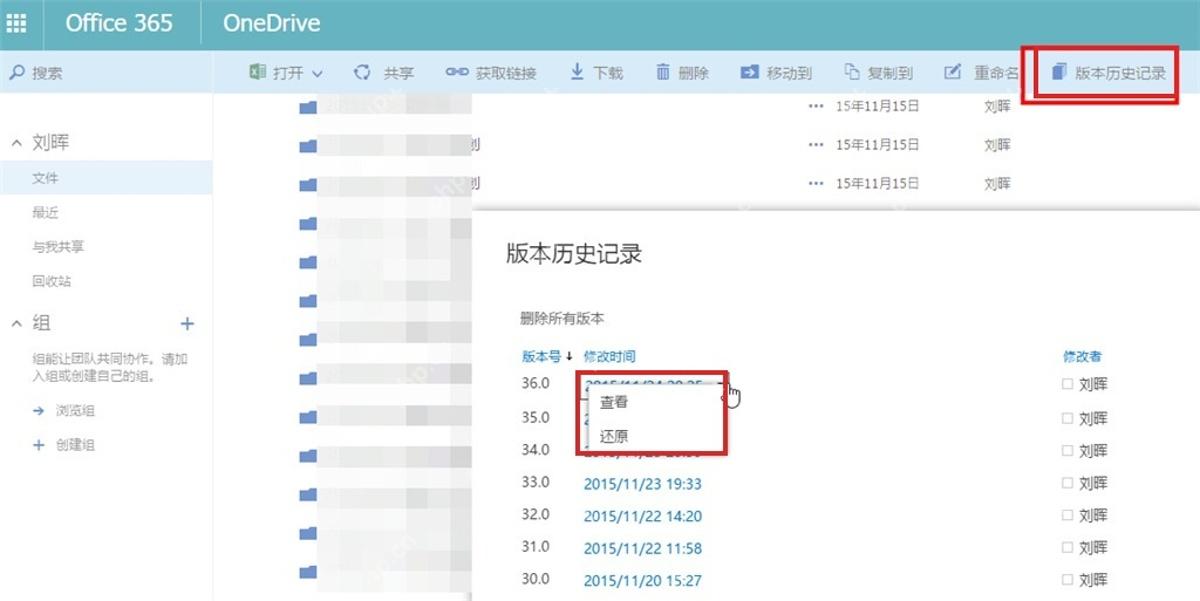OneDrive中的Word文档版本历史记录和还原菜单