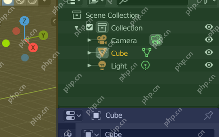 Blender Outliner 区域显示 Camera、Cube、Light 等场景对象列表