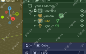 Blender Outliner 区域显示 Camera、Cube、Light 等场景对象列表