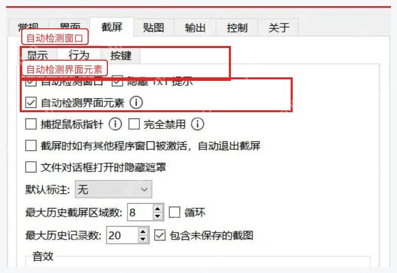 Snipaste 首选项截图页中的自动检测窗口和界面元素选项