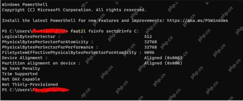 Windows PowerShell fsutil sectorinfo 显示 512 逻辑扇区和更大的物理扇区值