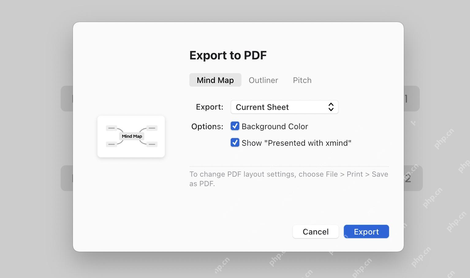 Xmind 导出 PDF 对话框显示导出范围和选项。