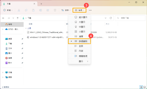 Win11 文件资源管理器在查看菜单中切换到详细信息视图