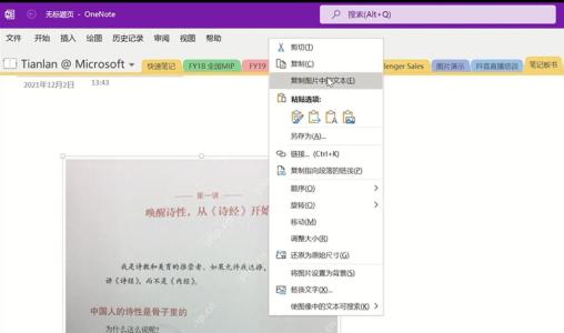 OneNote 中文界面右键菜单中的复制图片中文本入口,用来区分图片 OCR 和手写墨迹转换