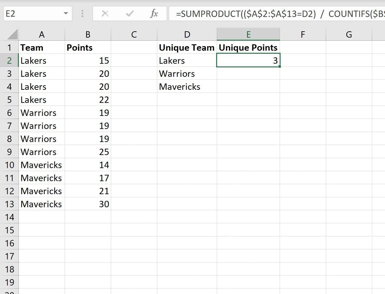 Excel 公式栏中输入 SUMPRODUCT 和 COUNTIFS 公式