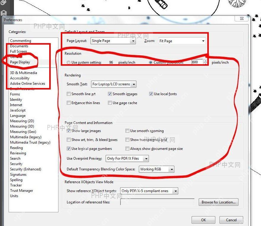 Adobe Acrobat Preferences 窗口,左侧选中 Page Display,右侧显示 Default Layout and Zoom 区域,对应进入默认缩放设置的位置