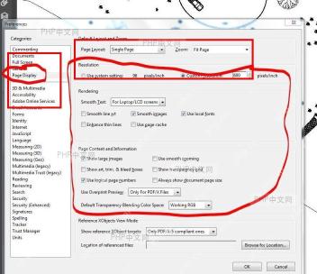 Adobe Acrobat Preferences 窗口,左侧选中 Page Display,右侧显示 Default Layout and Zoom 区域,对应进入默认缩放设置的位置