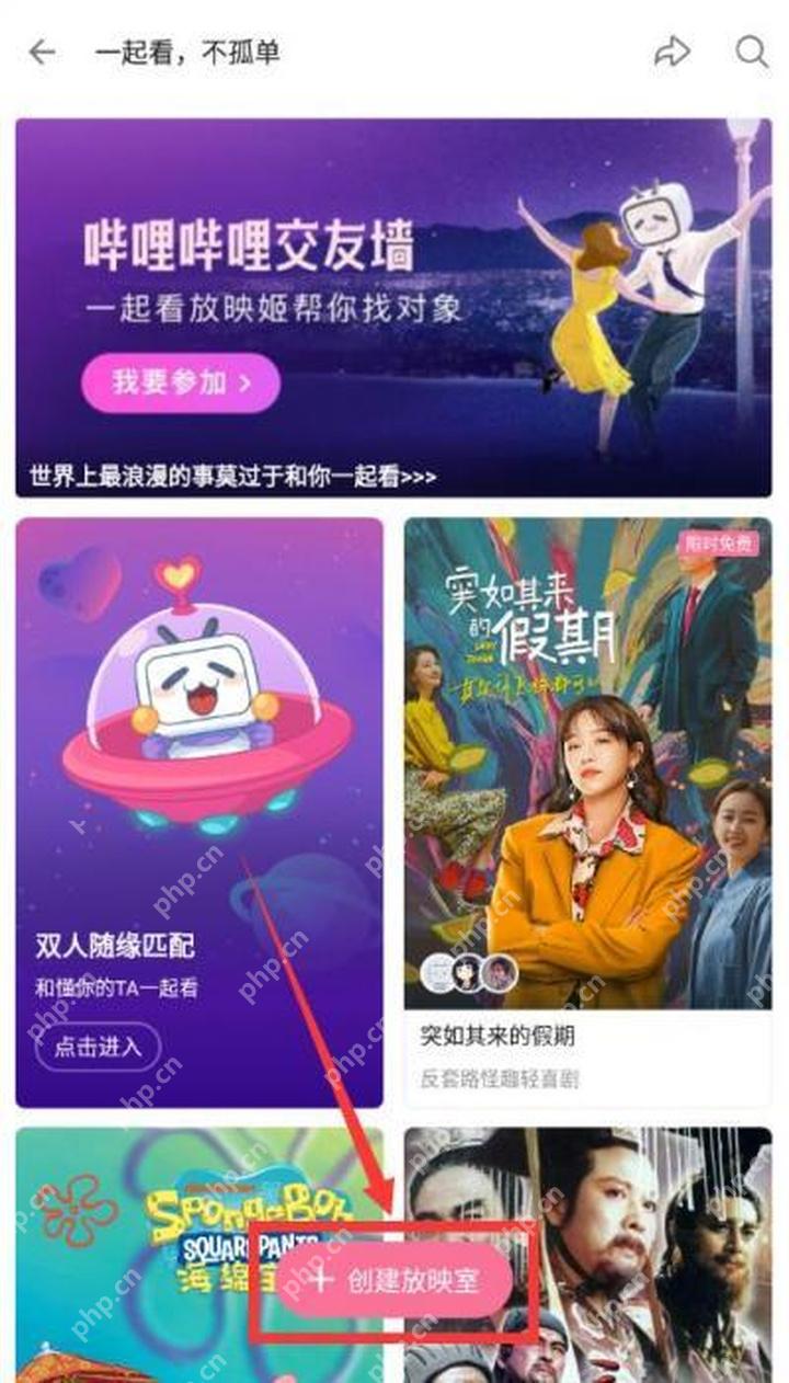 哔哩哔哩一起看页面,显示创建放映室按钮