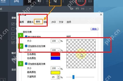 Bandicam Windows 鼠标效果面板红框标出显示鼠标光标复选项