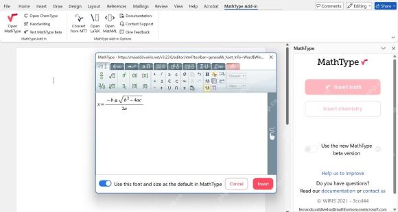 Word 中打开 MathType Add-in 并显示公式编辑窗口