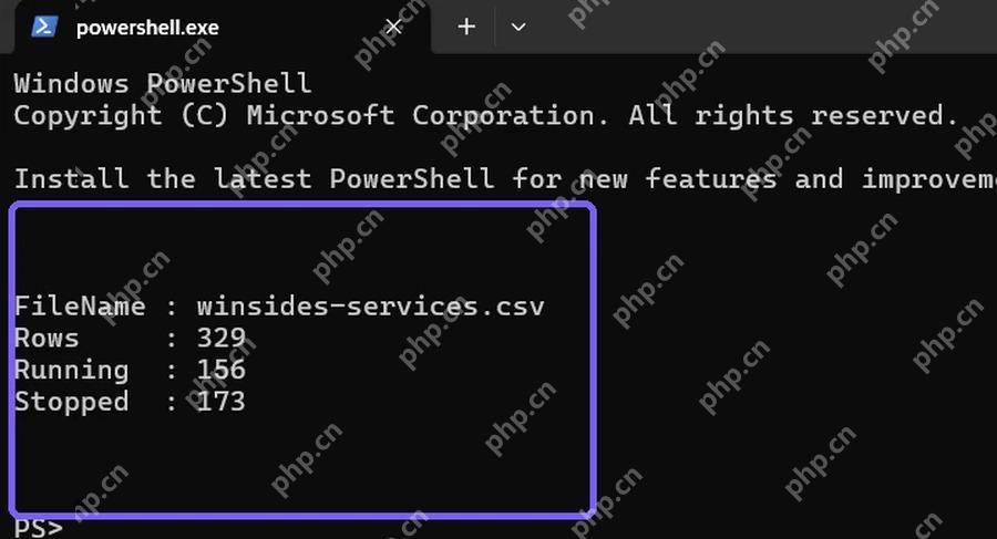 PowerShell 显示服务 CSV 导出的总行数和运行停止数量