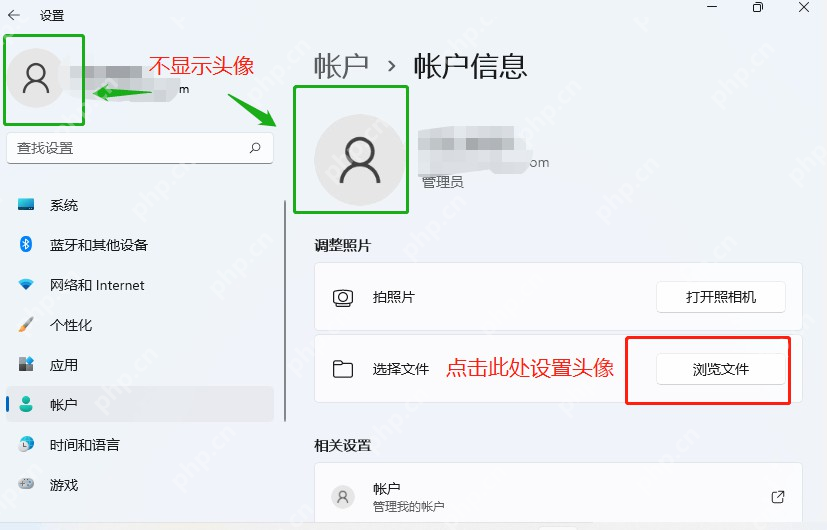Windows 设置中的账户信息页面和浏览文件按钮