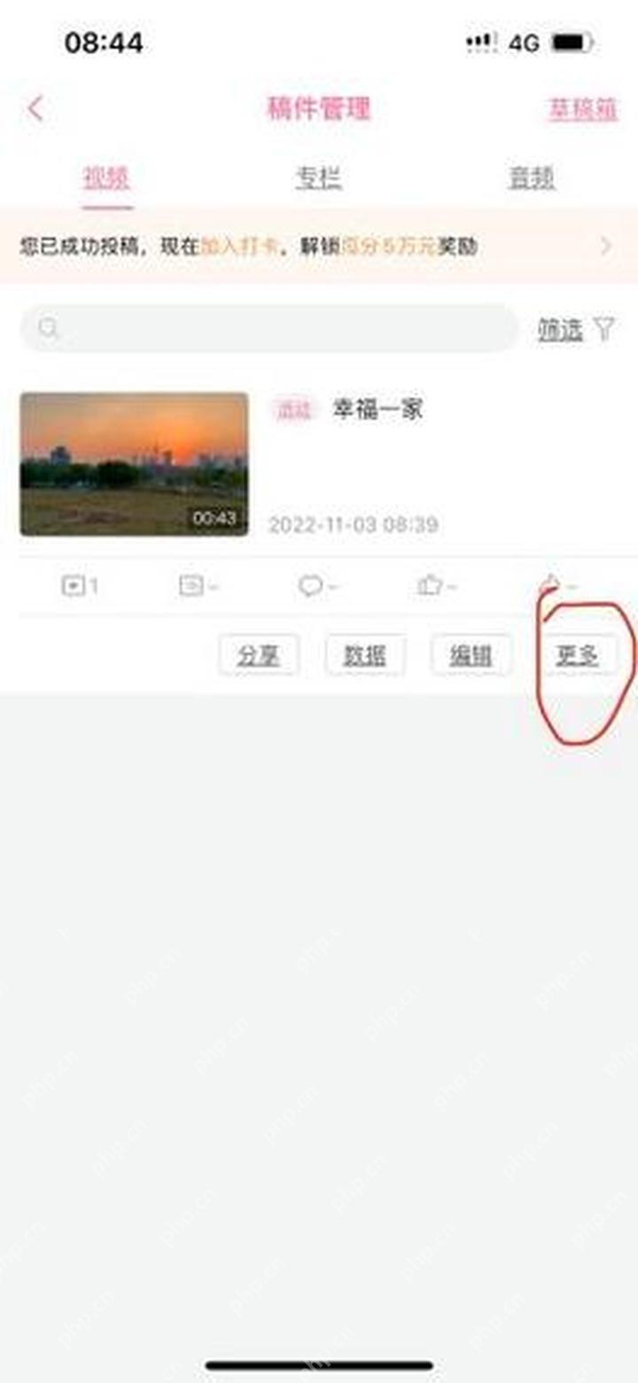 在更多菜单中选择删除已投稿作品