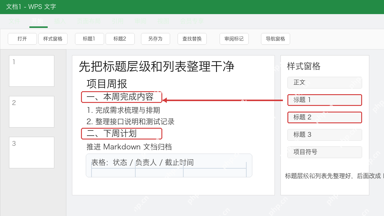 在WPS文字中先整理标题层级和列表结构