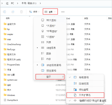 Windows 11 文件资源管理器查看菜单中显示文件扩展名