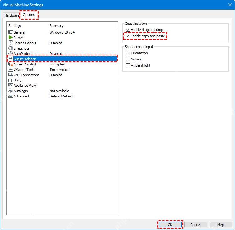 VMware Workstation Guest Isolation 页面高亮 Enable copy and paste 复选框