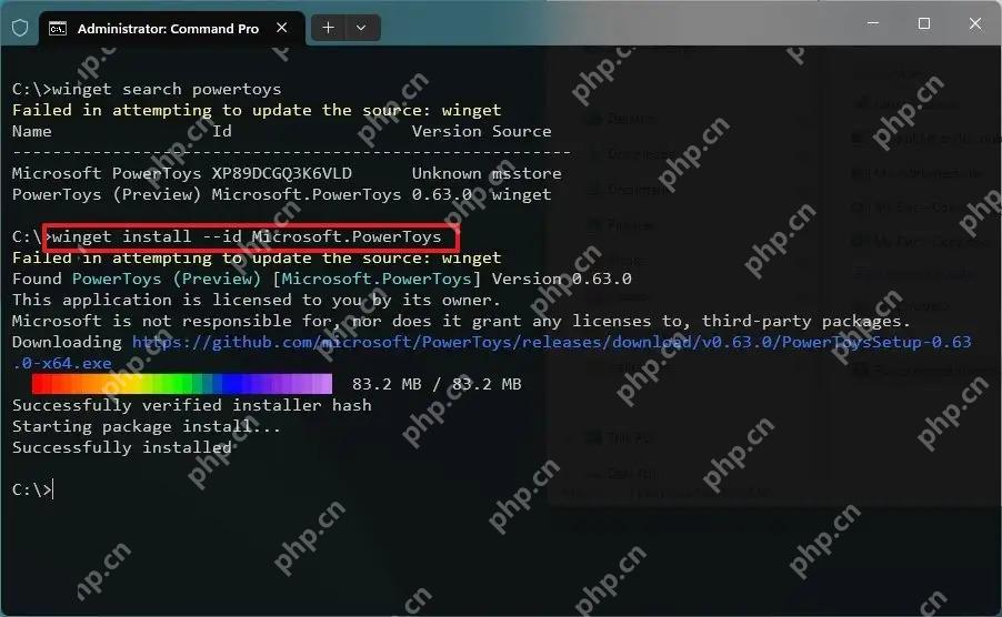 Win11 命令提示符运行 winget install --id Microsoft.PowerToys 并完成安装