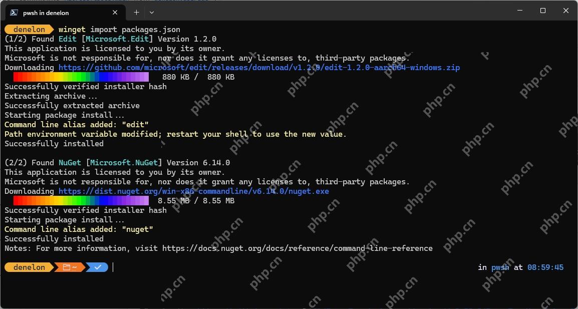 Win11 PowerShell 运行 winget import packages.json 批量安装 Edit 和 NuGet