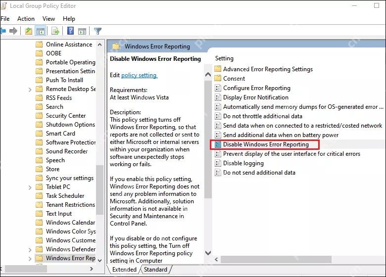 组策略中选中 Disable Windows Error Reporting 策略