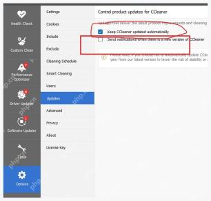CCleaner Windows 电脑端 Settings Updates 中的新版本通知选项
