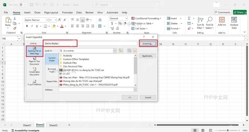 Excel 插入超链接窗口中填写显示文字和网页地址,用于创建网站超链接