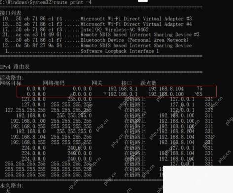 用 route print 查看默认路由和接口跃点数