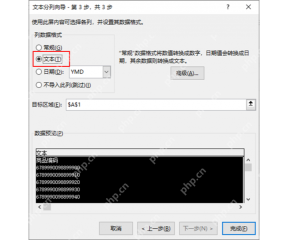 Excel 分列第 3 步中选择文本格式