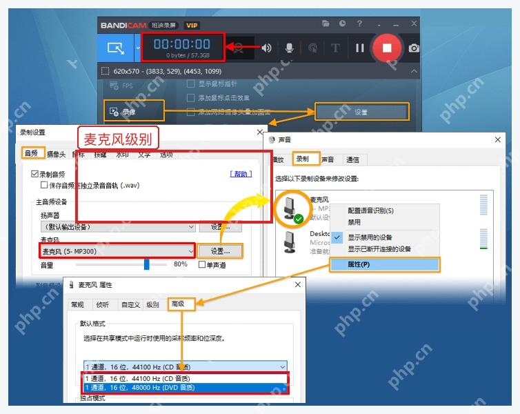 Bandicam 麦克风设置教程中的麦克风音量与增强选项