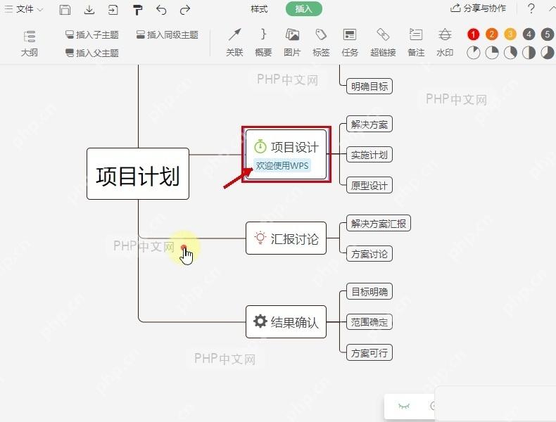 WPS思维导图项目设计节点下方显示新建标签