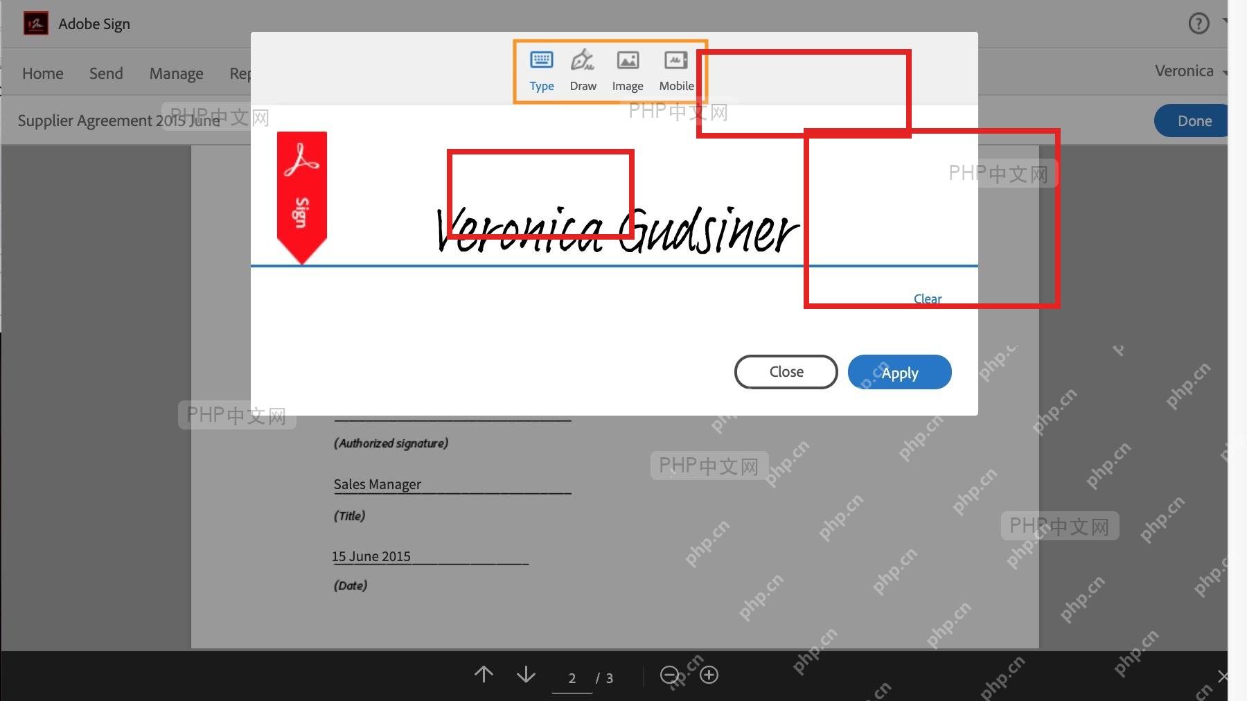 Adobe Sign 页面中从 Sign 菜单选择已有签名并点击 Done 完成