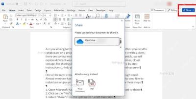 Word 右上角 Share 按钮和上传到 OneDrive 的共享面板