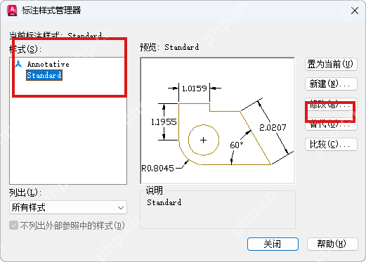 Windows 中文 AutoCAD 标注样式管理器窗口显示当前样式 Standard 和修改按钮,红框标出当前样式与修改入口,证明尺寸太小时要先回到当前样式的修改窗口,而不是只放大视图。