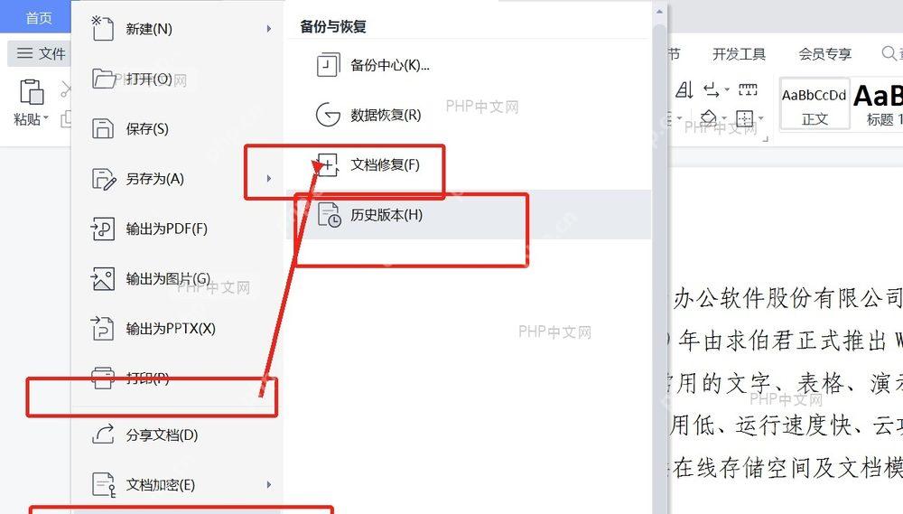WPS 文件菜单中的备份与恢复和历史版本入口，用于进入误删内容恢复路径