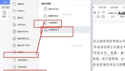 WPS 文件菜单中的备份与恢复和历史版本入口,用于进入误删内容恢复路径