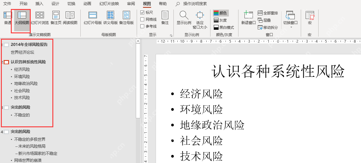 PowerPoint 大纲视图中显示从 Word 导入后的幻灯片标题和项目符号