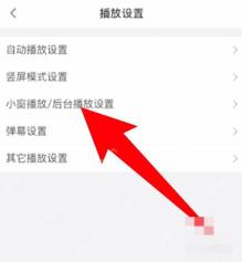 手机哔哩哔哩播放设置页，红箭头指向小窗播放后台播放设置