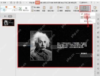 PowerPoint 编辑区中的4比3幻灯片画布被标出，用于检查比例调整结果
