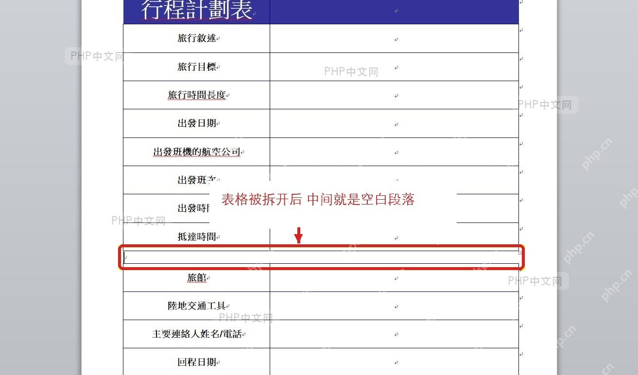 Word 拆分表格后在上方生成可输入内容的空白段落